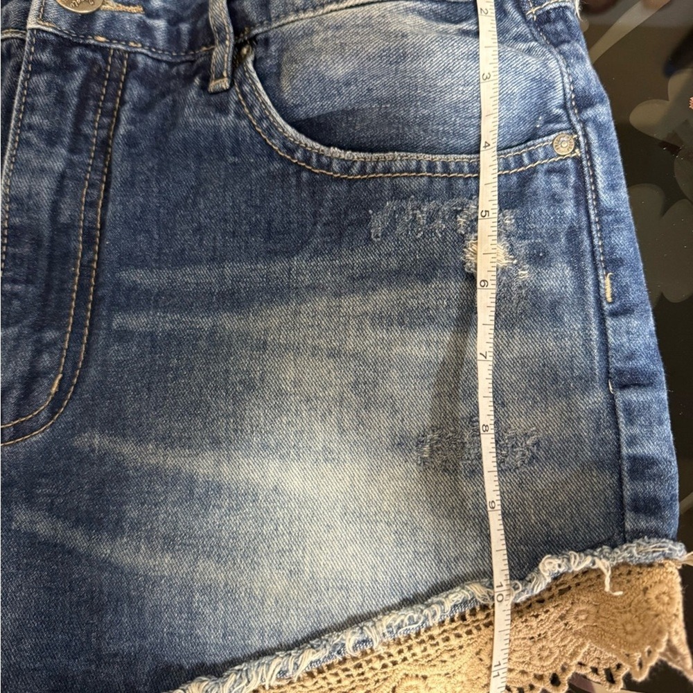 Free People Blue Denim Lace Trim Jean Shorts - Picture 10 of 10
